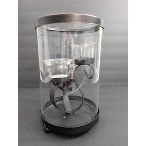 Decorative Hurricane Votive Candle Holder With Black Metal Scroll Base